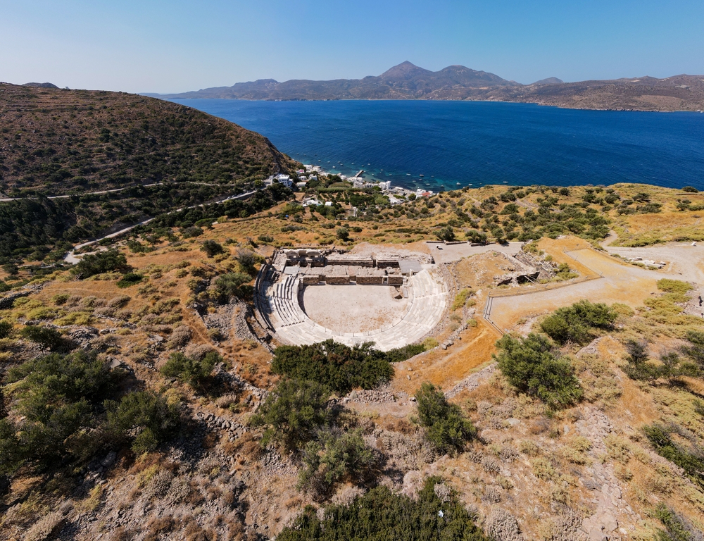Horizontal,Panoramic,Aerial,Shot,Drone,Of,Ancient,Roman,Theater,In